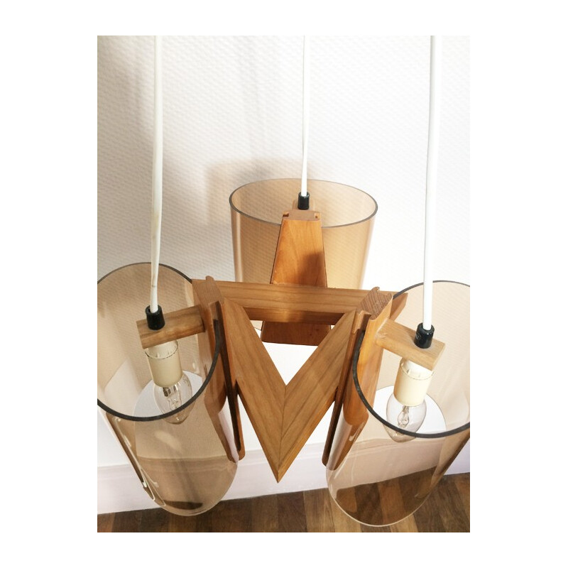 Scandinavian hanging lamp in smoked plexiglass and wood - 1970s