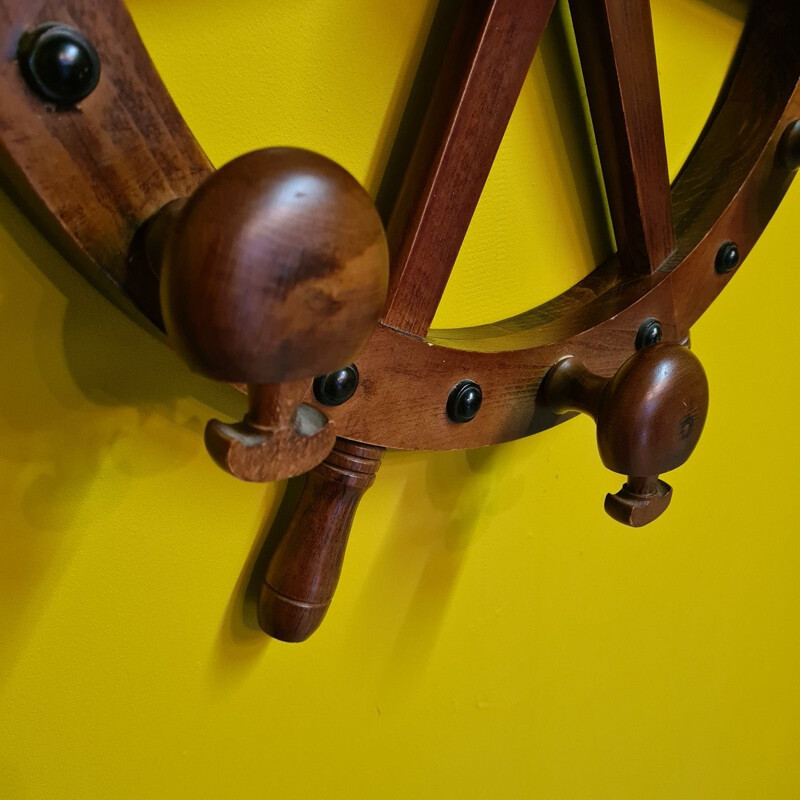 Vintage wooden wall coat rack Ship's Wheel, 1960-1970s