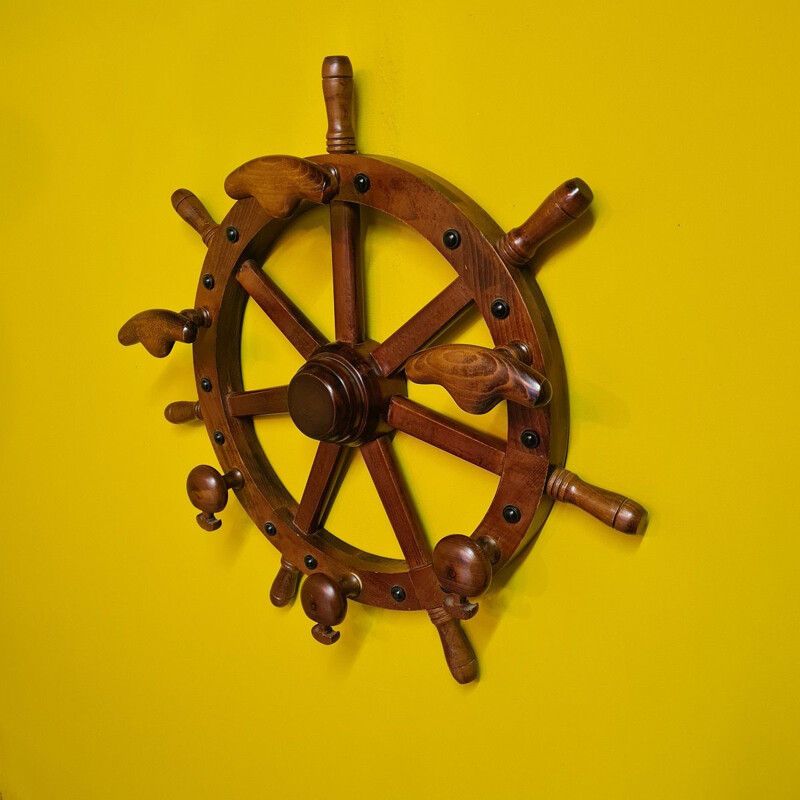 Vintage wooden wall coat rack Ship's Wheel, 1960-1970s
