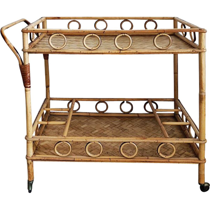 Vintage Prodotti bamboo & rattan serving bar trolley by Franco Albini, Italy 1960s