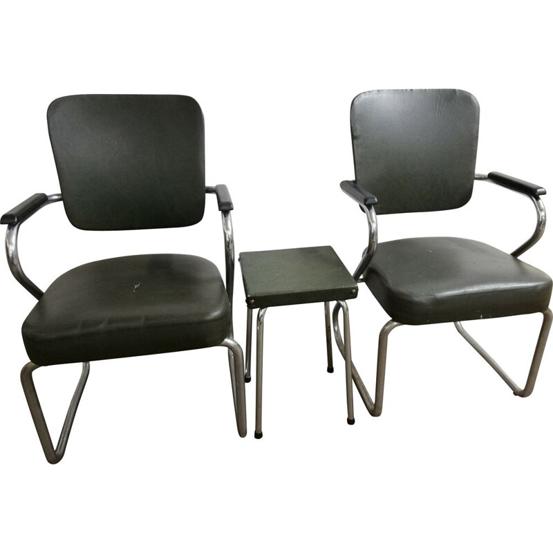 Pair of vintage fana armchairs with stool by Paul Schuitema, Netherlands 1950