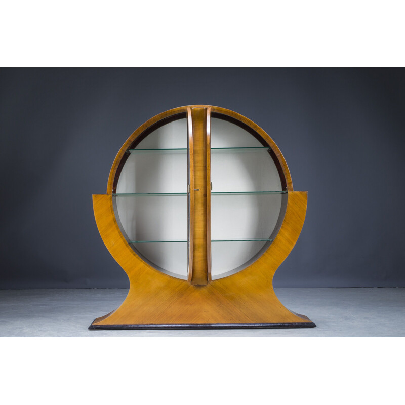 English Art Deco vintage circular display cabinet in Walnut, 1930s