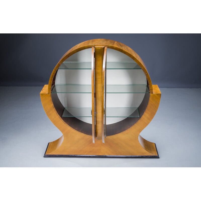 English Art Deco vintage circular display cabinet in Walnut, 1930s