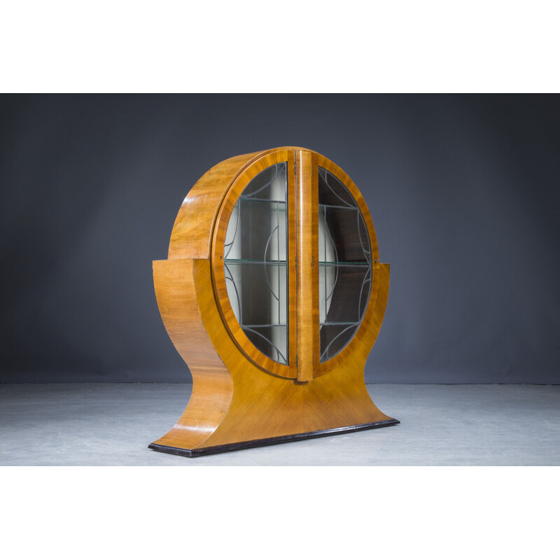 English Art Deco vintage circular display cabinet in Walnut, 1930s