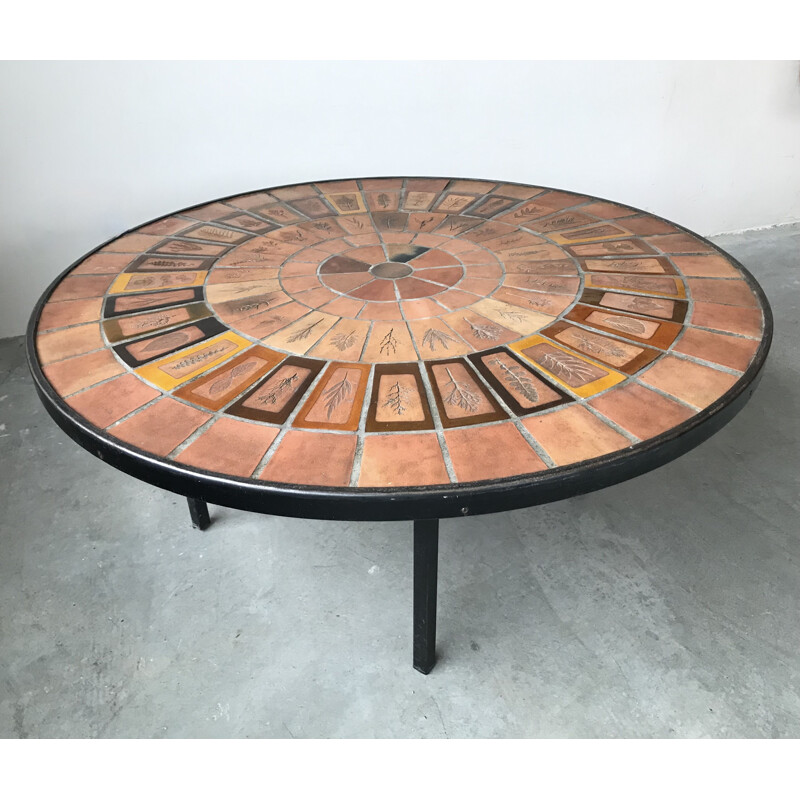 Round vintage coffee table "herbier" by Roger Capron, 1950