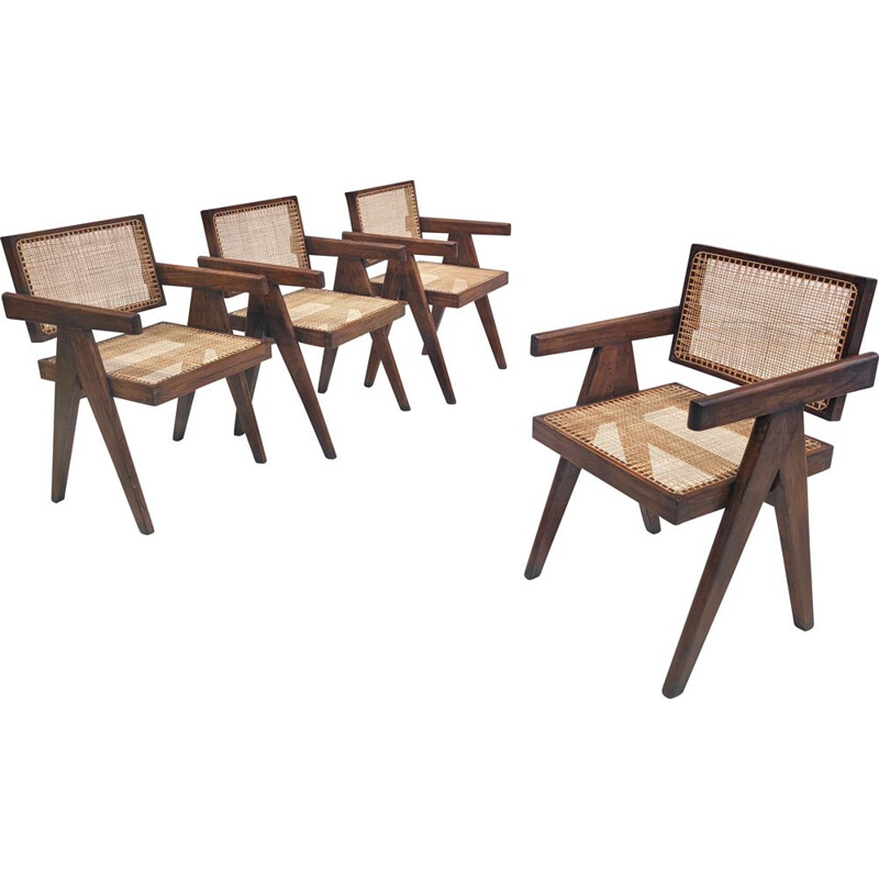 Satz von 4 Vintage-Stühlen "Office" aus Teakholz und Rohrgeflecht von Pierre Jeanneret, 1955-1956
