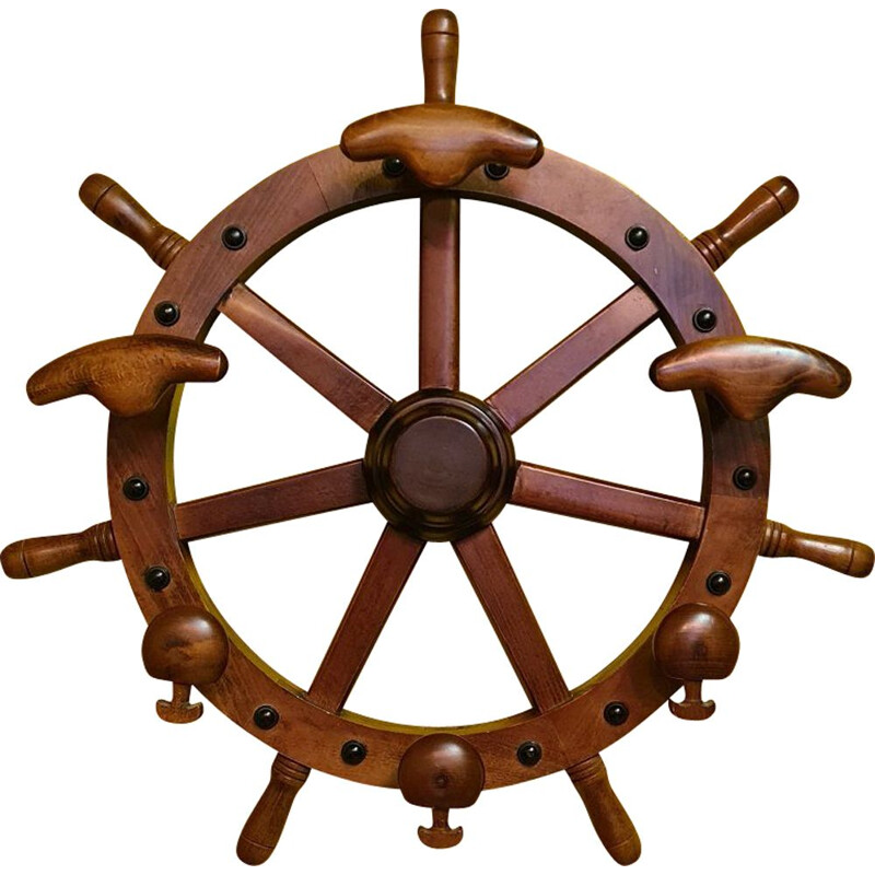 Vintage wooden wall coat rack Ship's Wheel, 1960-1970s