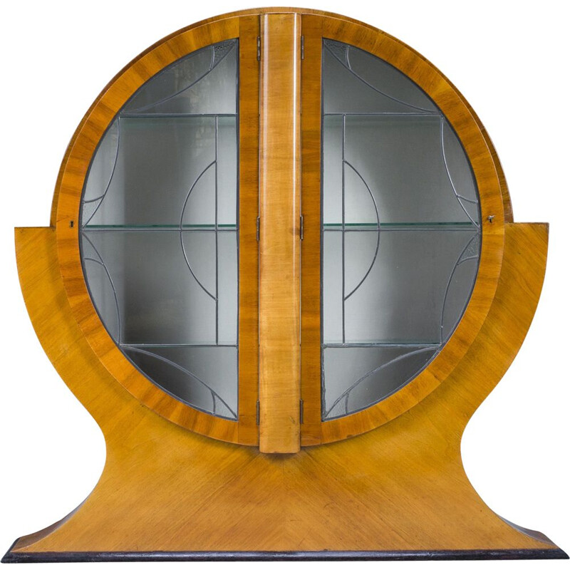 Vitrine circulaire vintage Art Déco anglaise en noyer, 1930