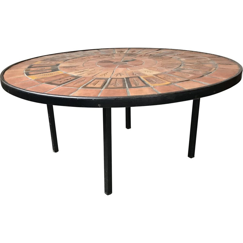 Round vintage coffee table "herbier" by Roger Capron, 1950