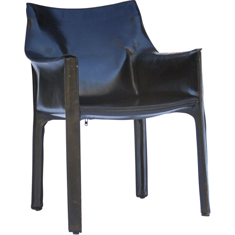 Vintage Cab 413 black leather armchair by Mario Bellini, 1970s