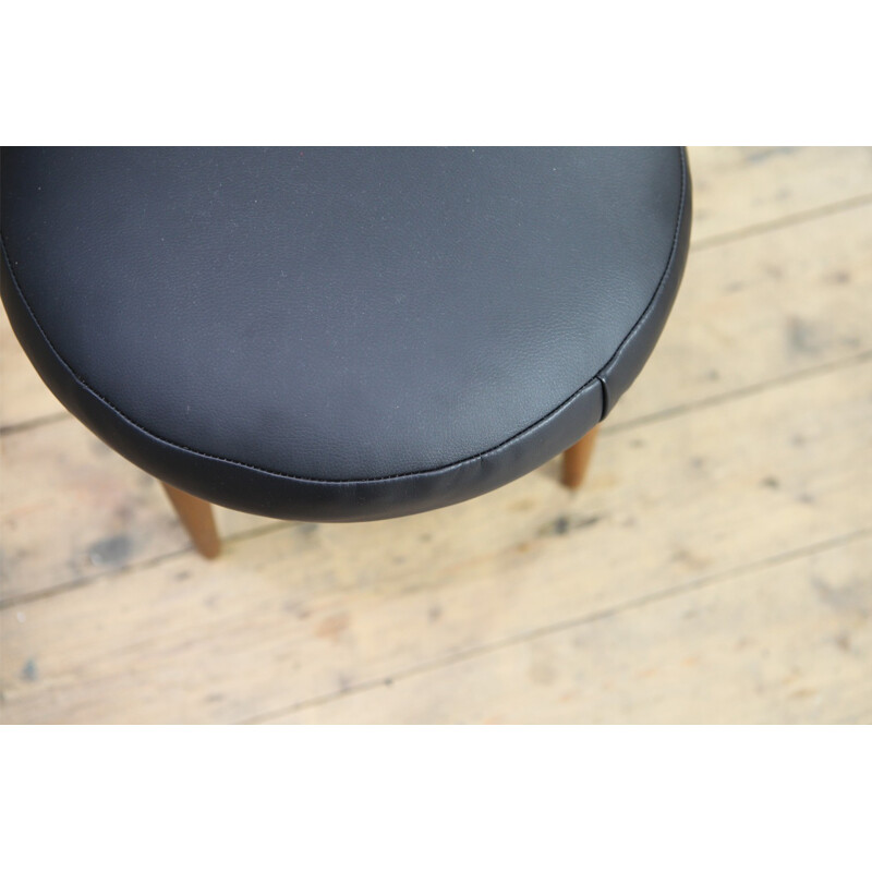 Round tripod foot stool in teak and black leatherette - 1960s