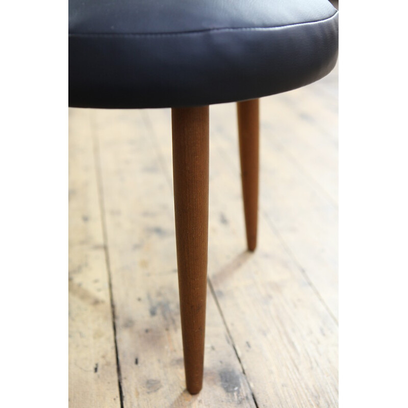 Round tripod foot stool in teak and black leatherette - 1960s