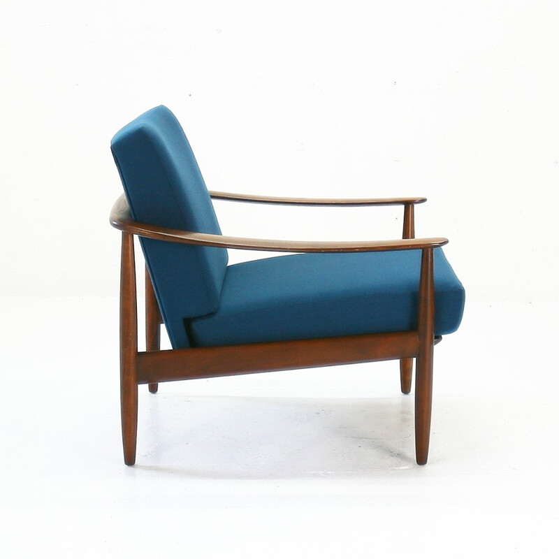 Fauteuil en noyer et tissu bleu - 1960