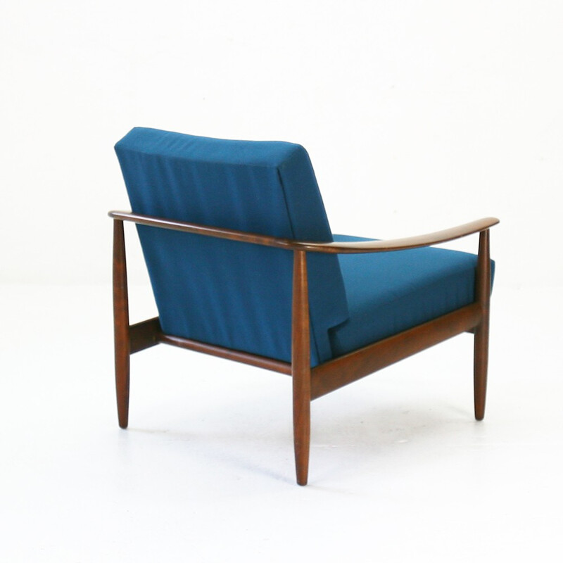 Fauteuil en noyer et tissu bleu - 1960