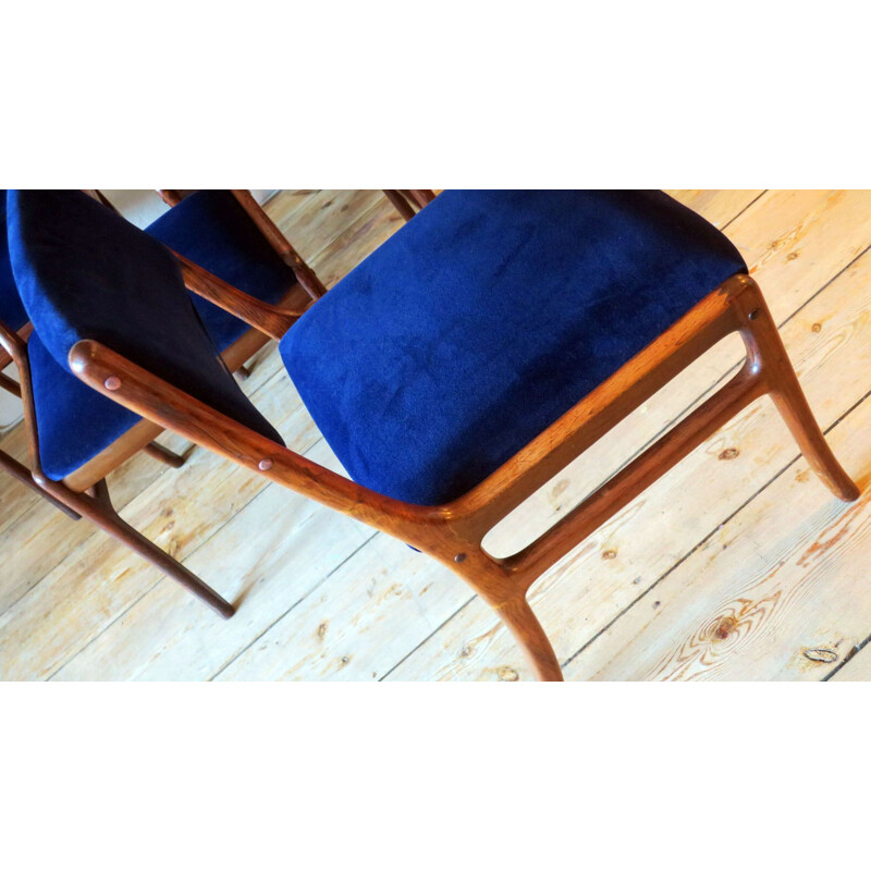 Set of 6 vintage Danish solid rosewood and blue velvet dining chairs by Ole Wanscher, 1960s