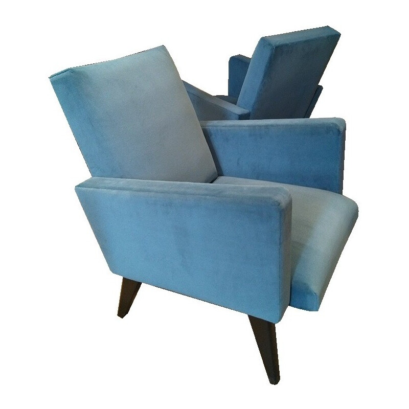 Pair of re-upholstered amrchairs in blue velvet - 1950s