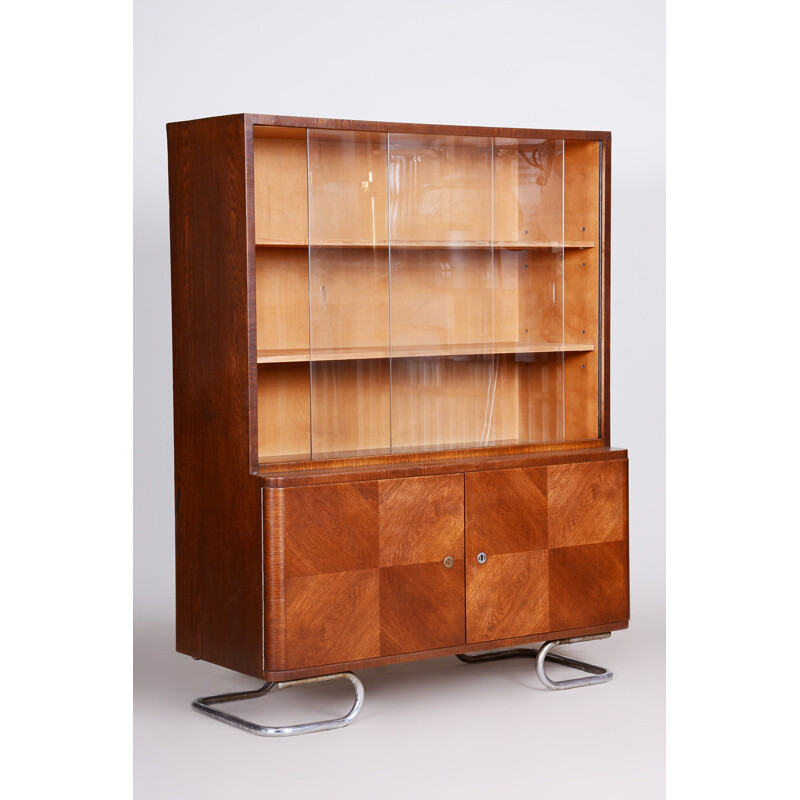 Vintage art deco oak and steel bookcase from Vichr a Spol, Czech 1930