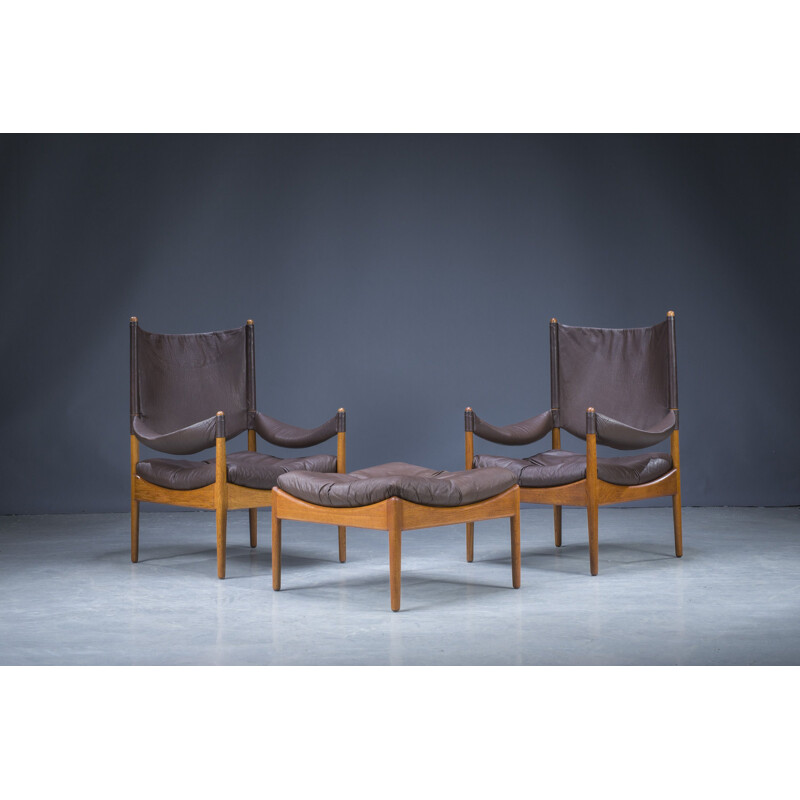 Mid-century Danish oakwood and leather living room set by Kristian Vedel, 1960s