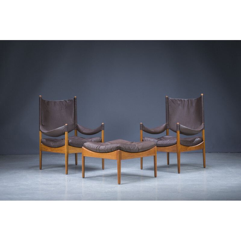 Vintage Danish living room set in oak and leather by Kristian Vedel, 1960