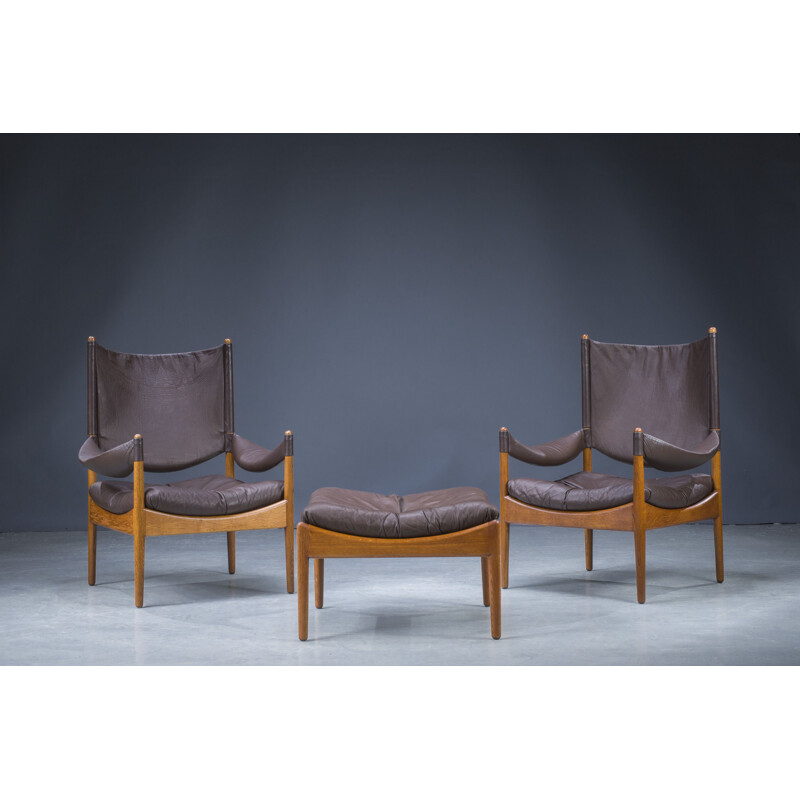 Mid-century Danish oakwood and leather living room set by Kristian Vedel, 1960s