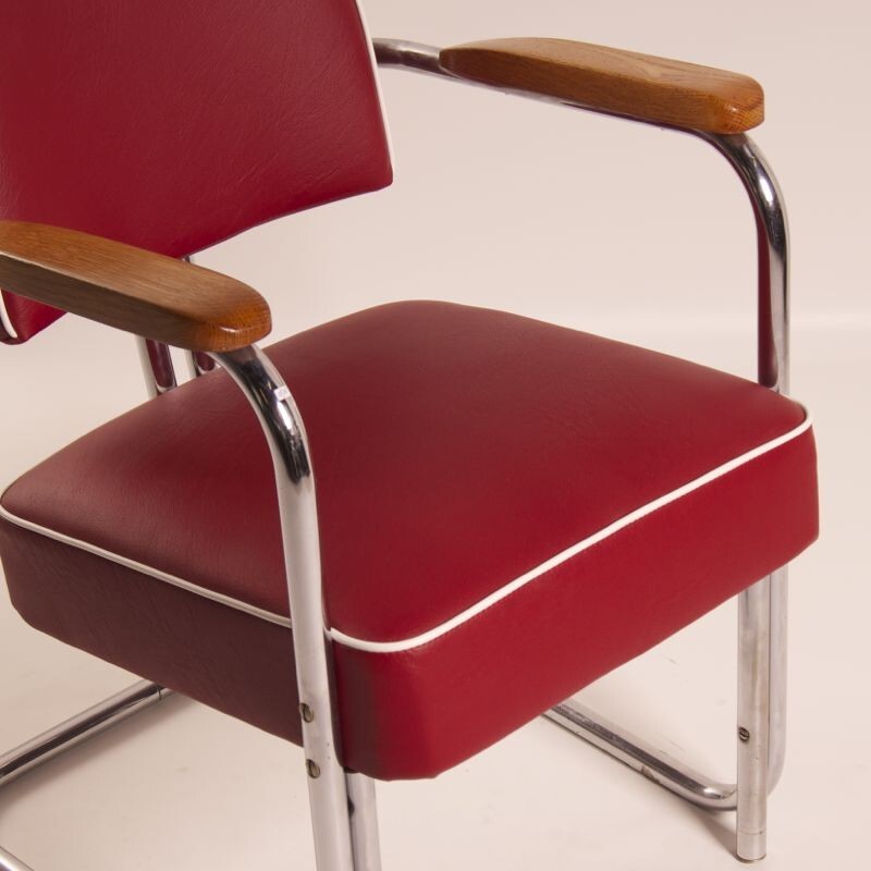 Bauhaus tubular armchair in chromed iron and red leatherette - 1930s