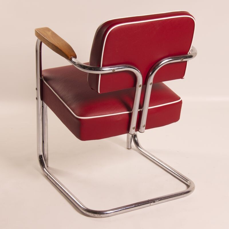 Bauhaus tubular armchair in chromed iron and red leatherette - 1930s