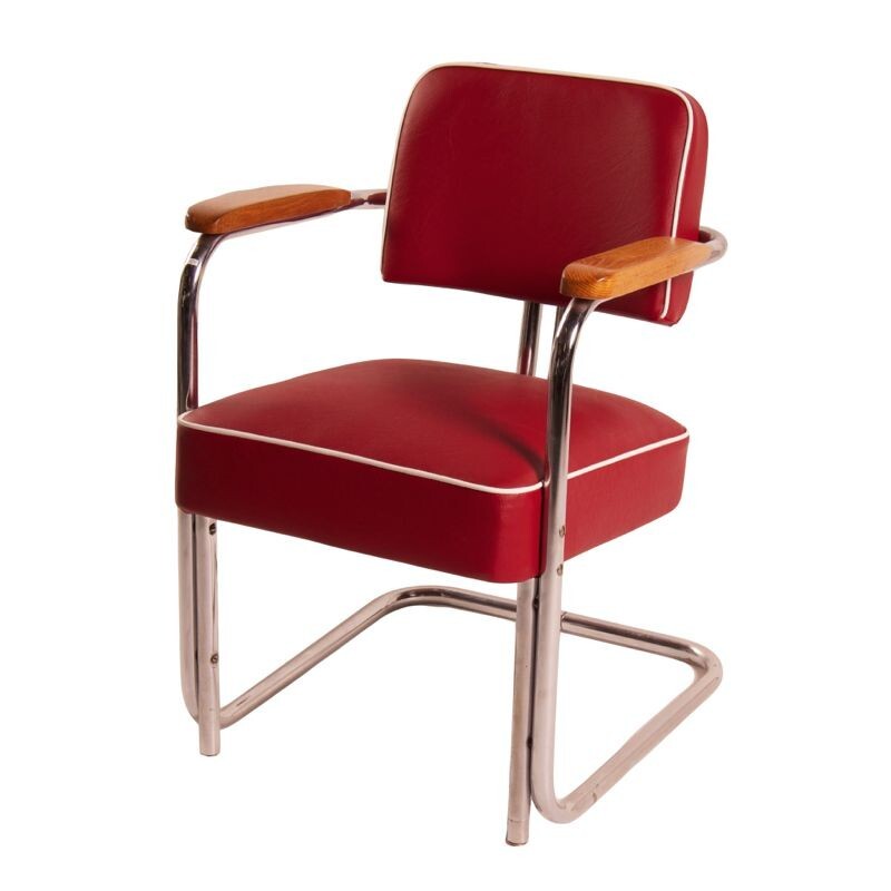 Fauteuil Bauhaus en fer chromé et simili cuir rouge - 1930