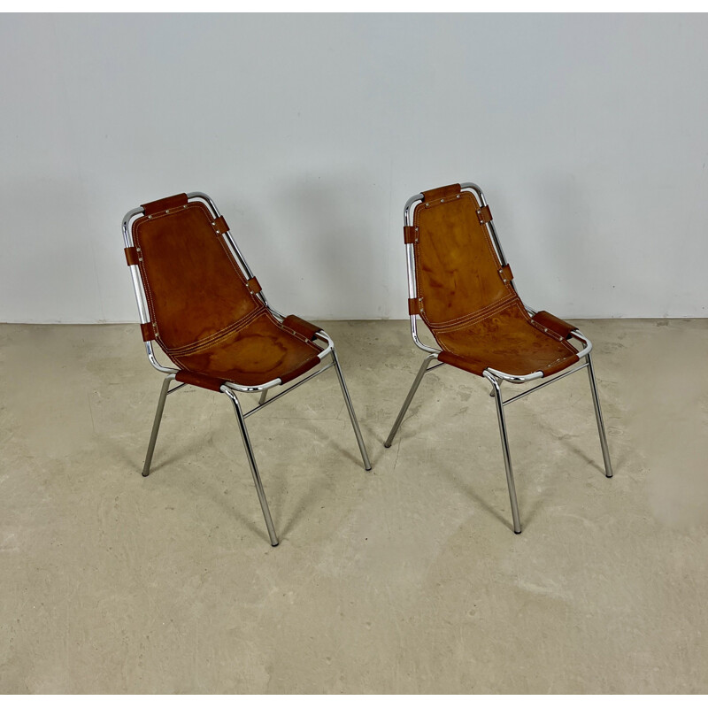 Ein Paar Vintage Les Arcs Stühle aus Leder und verchromtem Metall von Charlotte Perriand, 1960