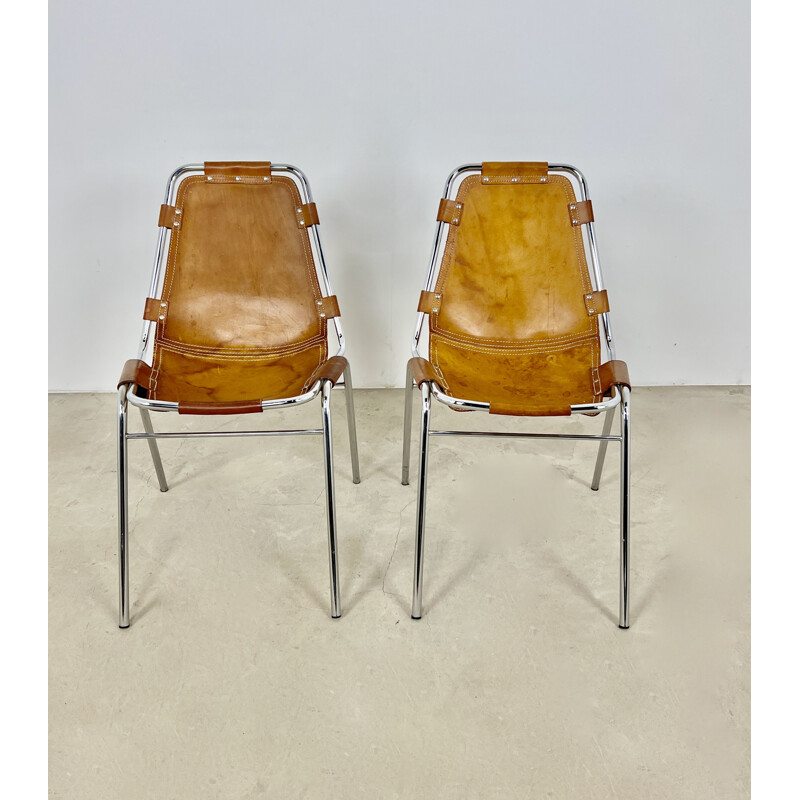 Pair of vintage Les Arcs chairs in leather and chromed metal by Charlotte Perriand, 1960