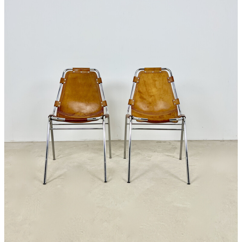 Pair of vintage Les Arcs chairs in leather and chromed metal by Charlotte Perriand, 1960