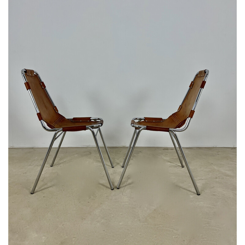 Pair of vintage Les Arcs chairs in leather and chromed metal by Charlotte Perriand, 1960