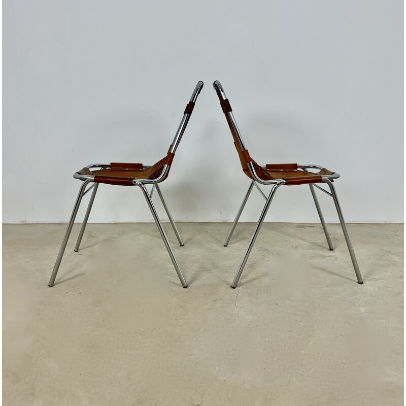 Pair of vintage Les Arcs chairs in leather and chromed metal by Charlotte Perriand, 1960