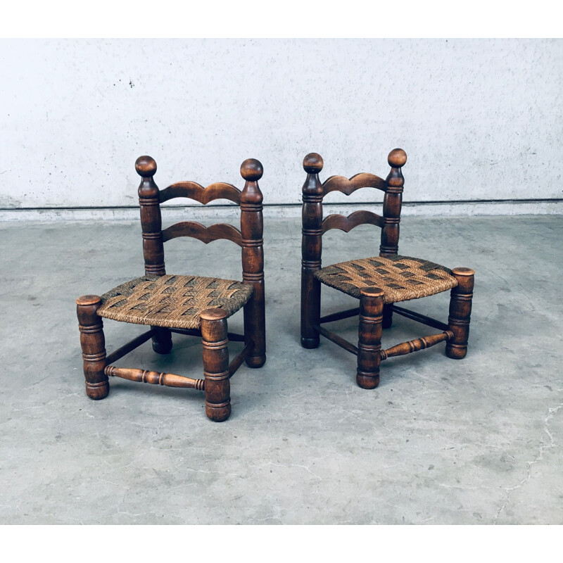 Paar vintage lage stoelen in biezen van Charles Dudouyt, Frankrijk 1950