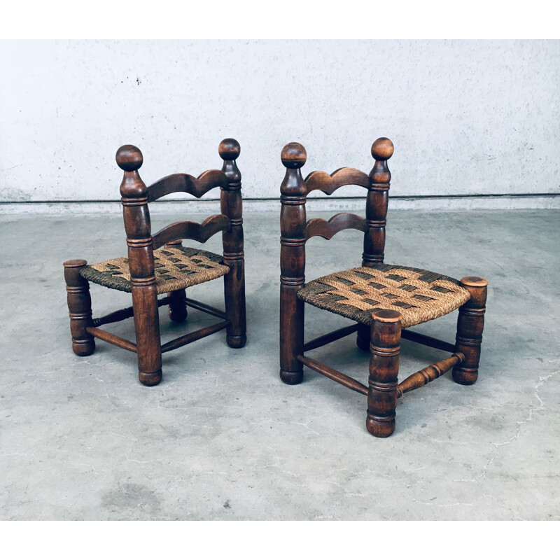 Paar vintage lage stoelen in biezen van Charles Dudouyt, Frankrijk 1950