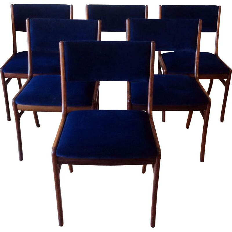 Set of 6 vintage Danish solid rosewood and blue velvet dining chairs by Ole Wanscher, 1960s