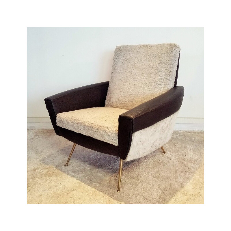 Mid century armchair in leatherette, fabric and brass - 1950s