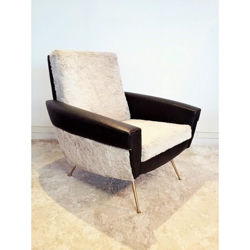 Mid century armchair in leatherette, fabric and brass - 1950s