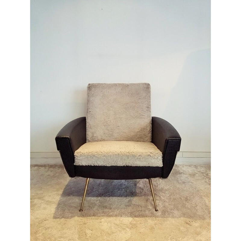 Mid century armchair in leatherette, fabric and brass - 1950s