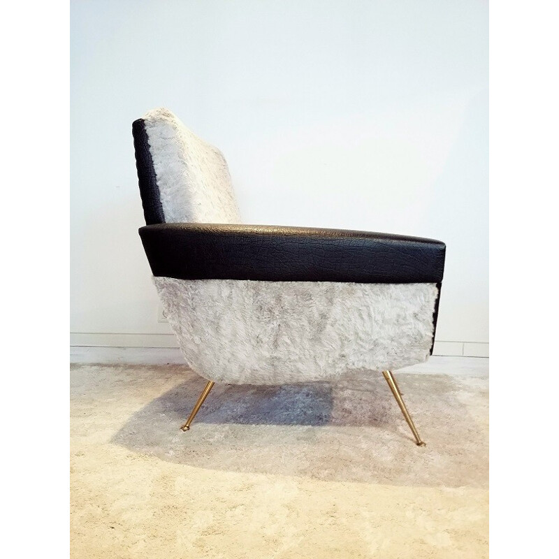 Mid century armchair in leatherette, fabric and brass - 1950s