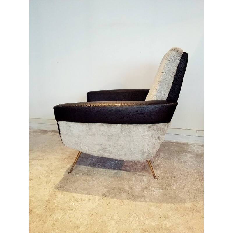 Fauteuil vintage en skai, tissu et laiton - 1950