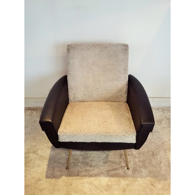 Fauteuil vintage en skai, tissu et laiton - 1950