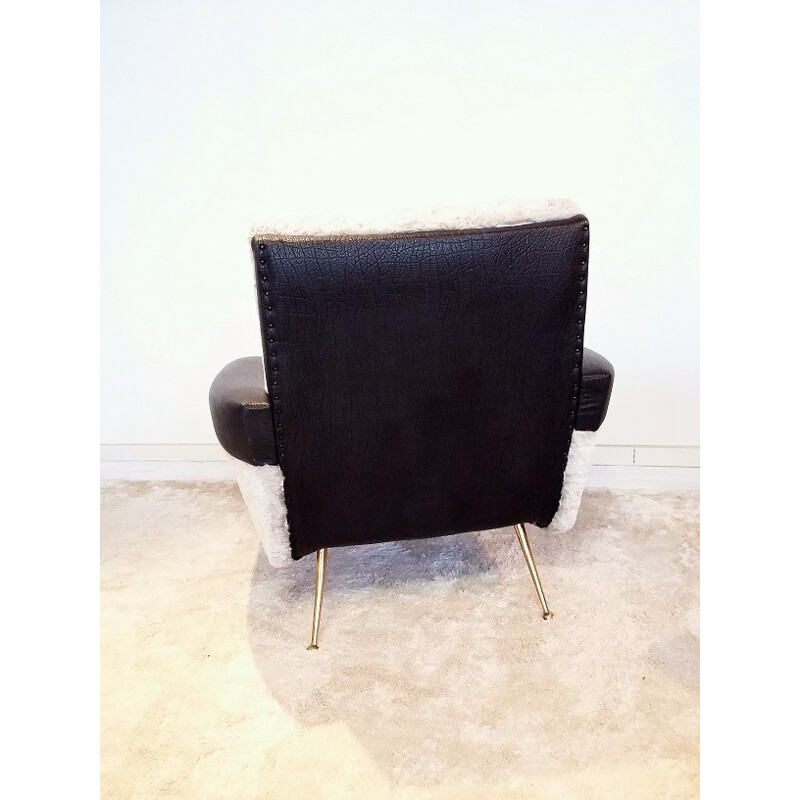 Mid century armchair in leatherette, fabric and brass - 1950s