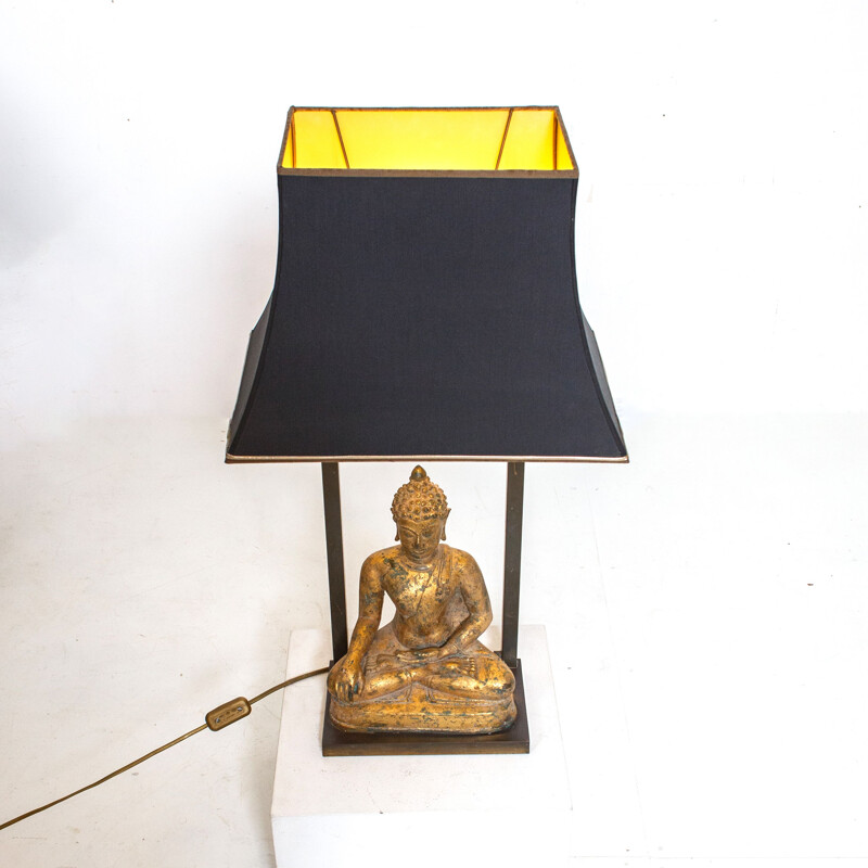 Vintage Buddha lamp in brass and gilded plaster by Deknud, Belgium 1970
