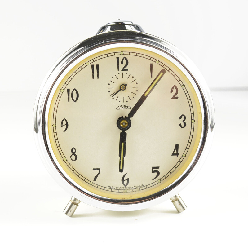 Vintage prim mechanical alarm clock in chrome steel and glass, Czech 1960