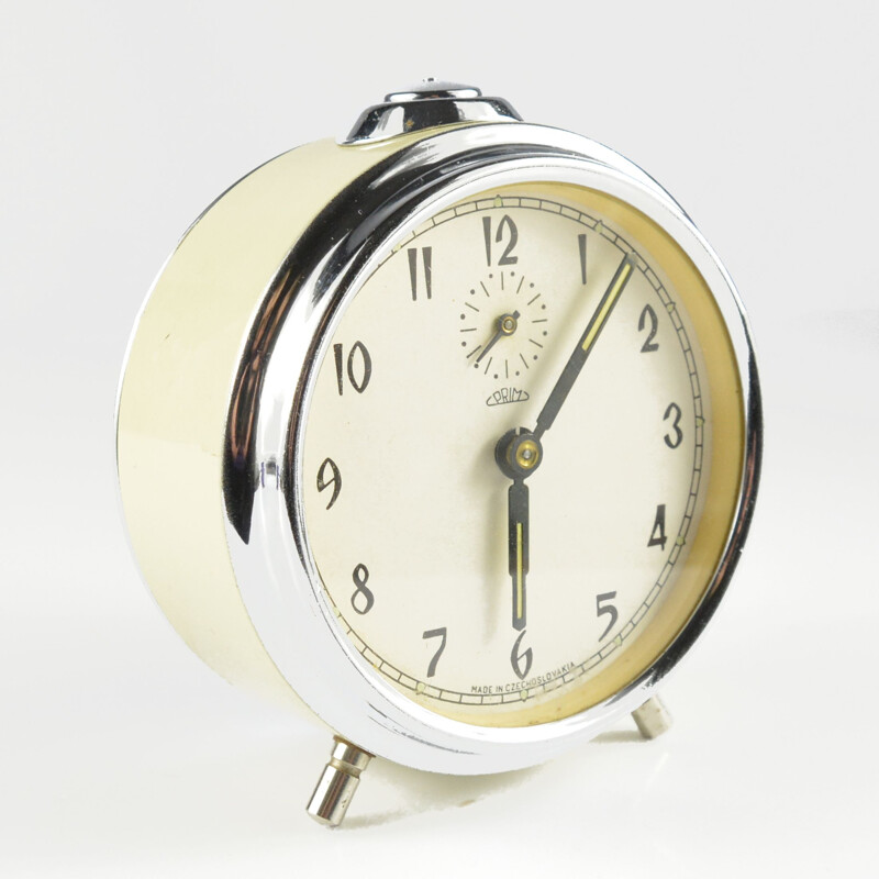 Vintage prim mechanical alarm clock in chrome steel and glass, Czech 1960