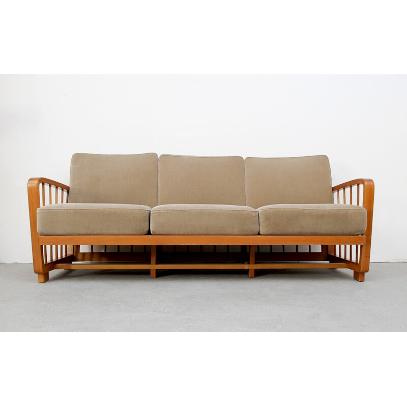 Canapé en bois de merisier et tissu - 1950
