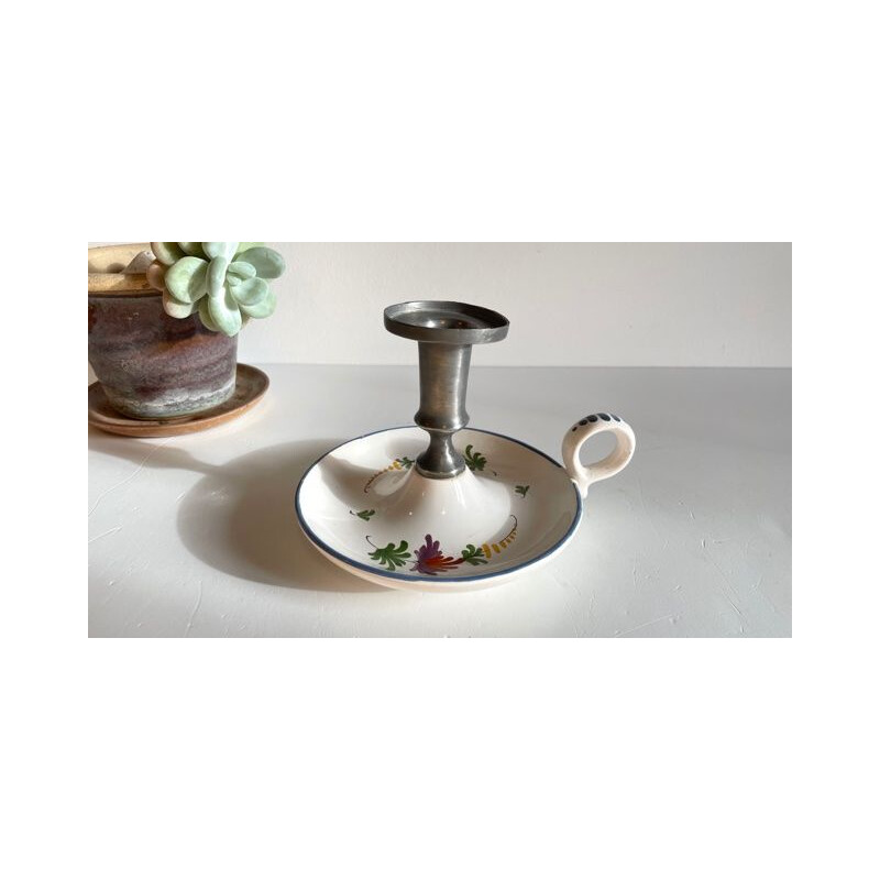 Vintage cerâmica e candelabro manual de estanho