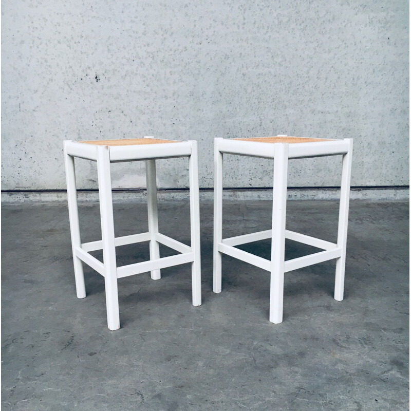 Pair of vintage high stools in white stained wood and cane, 1970