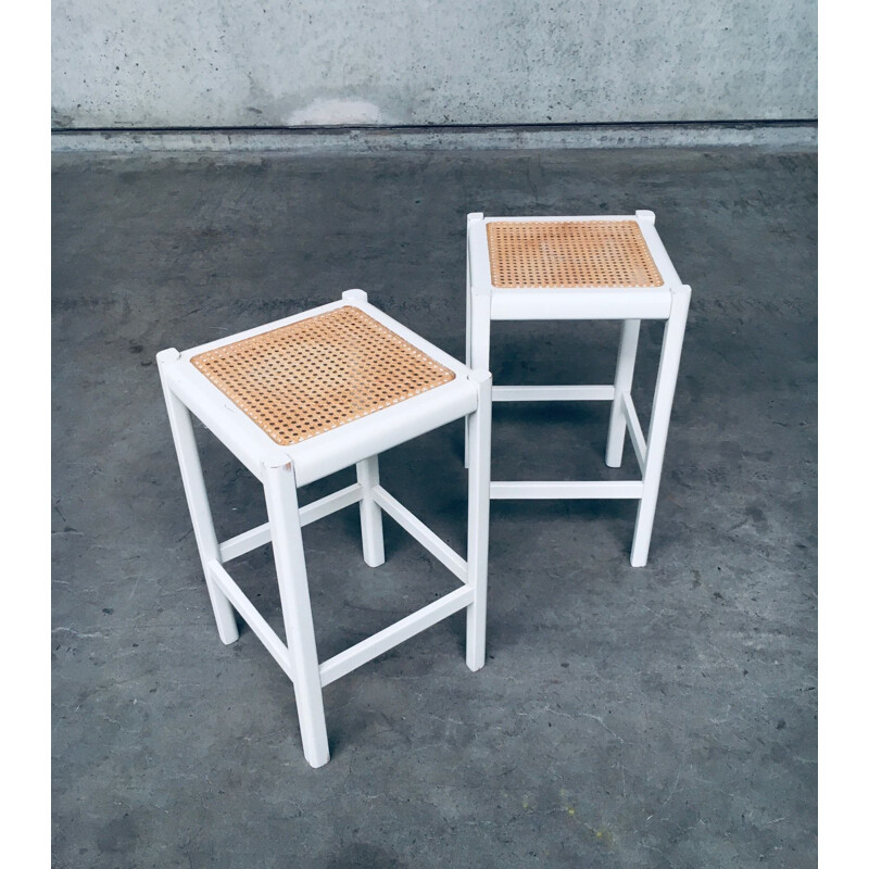 Pair of vintage high stools in white stained wood and cane, 1970