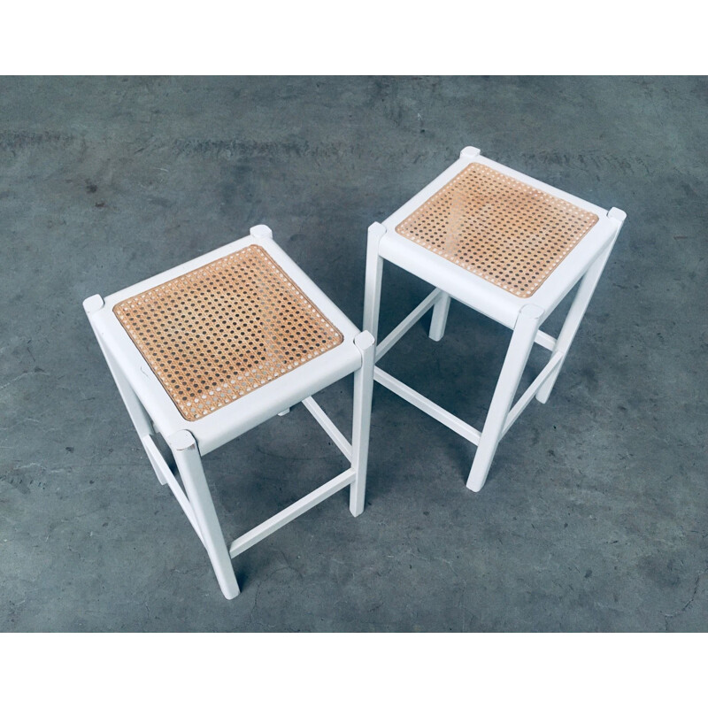Pair of vintage high stools in white stained wood and cane, 1970
